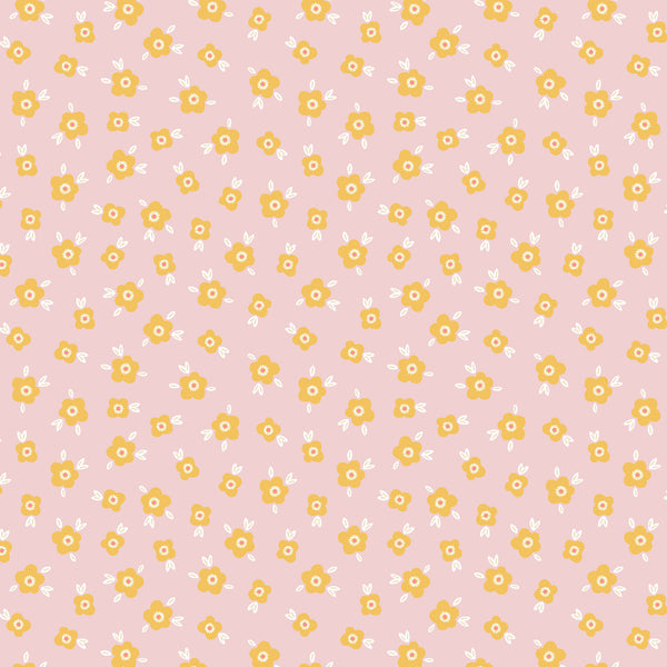Coupon de 3m de popeline 100% coton " fleurs jaunes sur fond rose" certifié oeko-tex
