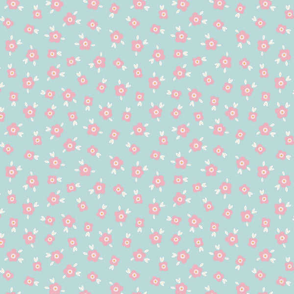 Coupon de 3m de popeline 100% coton " fleurs roses sur fond bleu" certifié oeko-tex