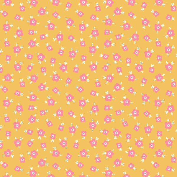 Coupon de 3m de popeline 100% coton " fleurs roses sur fond jaune" certifié oeko-tex