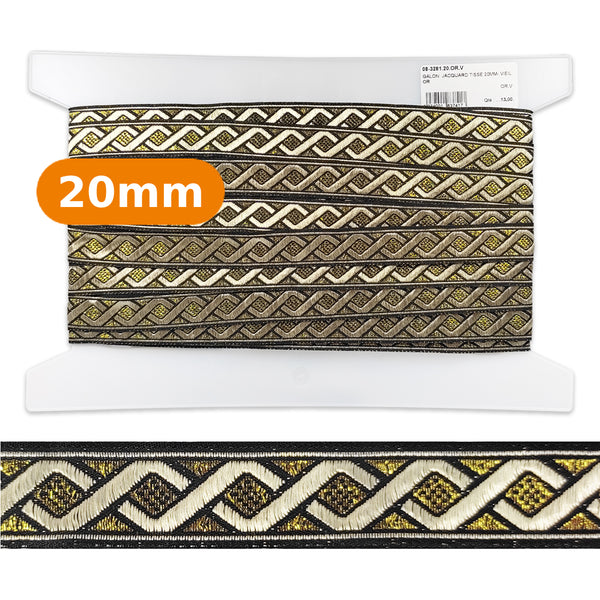 Galon jacquard tissé or et argent - 20mm (prix au mètre)