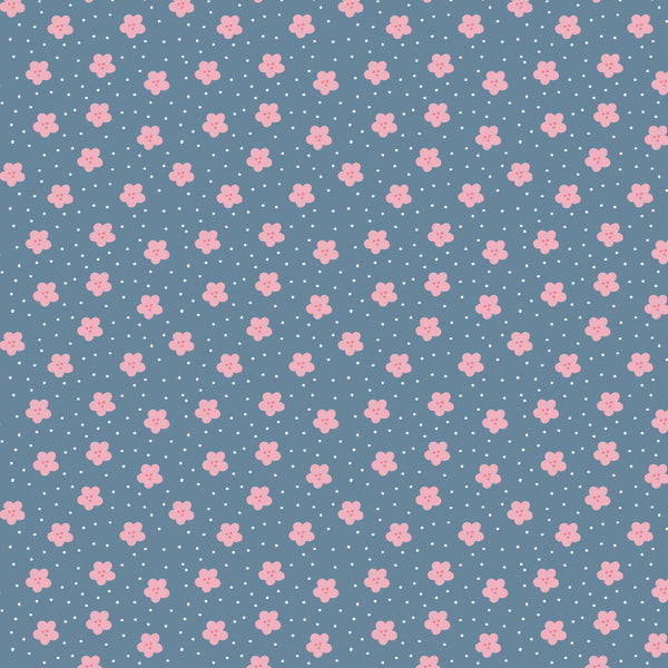 Coupon de 3m de popeline 100% coton " fleurettes roses sur fond bleu" certifié oeko-tex