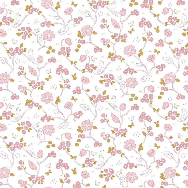 Coupon de 3m de popeline 100% coton " Fleurs romantiques" sur fond blanc certifié GOTS