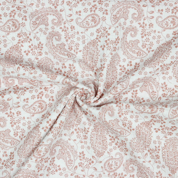 Coupon de 3m de double gaze 100% coton Paisley/cachemire blanc et vieux rose certifié GOTS