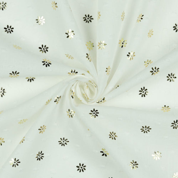 Voile de coton dobby foil "pâquerettes dorées" sur fond blanc - certifié oeko-tex  (prix pour 10cm)