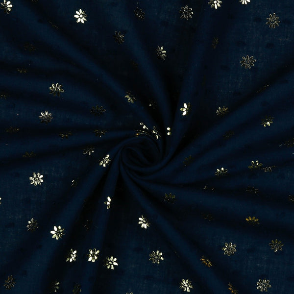 Voile de coton dobby foil "pâquerettes dorées" sur fond bleu marine - certifié oeko-tex  (prix pour 10cm)