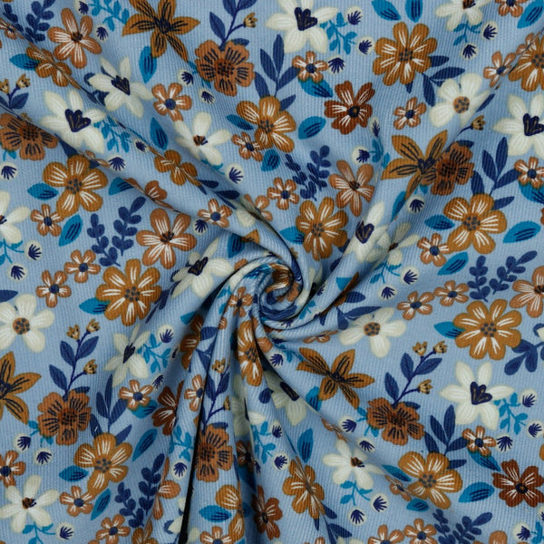 Velours milleraies "Fleurs colorées" sur fond bleu - Oeko-tex (Prix pour 10cm)