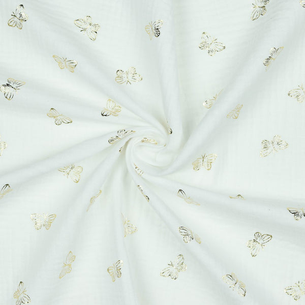 Coupon de 3m de double gaze 100% coton " papillons dorés sur fond blanc" certifié oeko-tex )