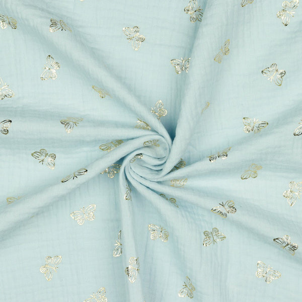 Coupon de 3m de double gaze 100% coton " papillons dorés sur fond bleu pâle" certifié oeko-tex )