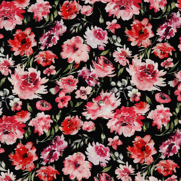 Coupon de 3m de viscose  fleurs roses  lurex sur fond noir (Prix pour le coupon)