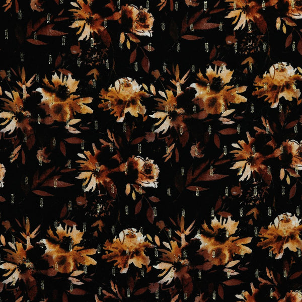 Coupon de 3m de viscose lurex Fleurs automnales sur fond noir (Prix pour le coupon)