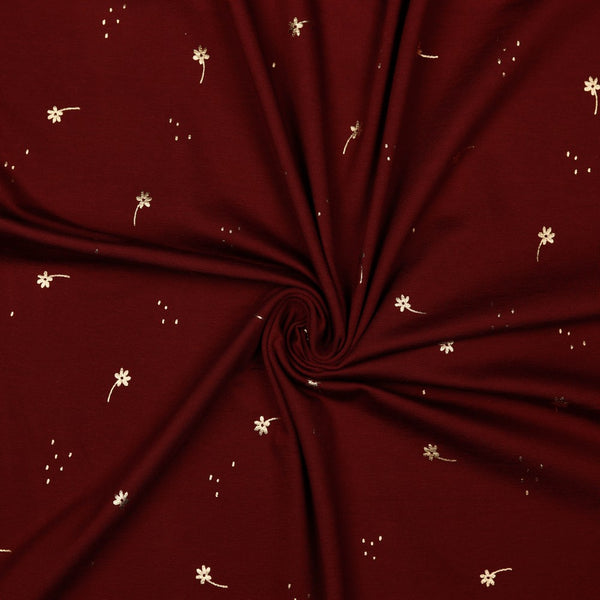 Coupon de 3m de jersey 100% coton " fleurs dorées sur fond rouge foncé/bordeaux" certifié oeko-tex