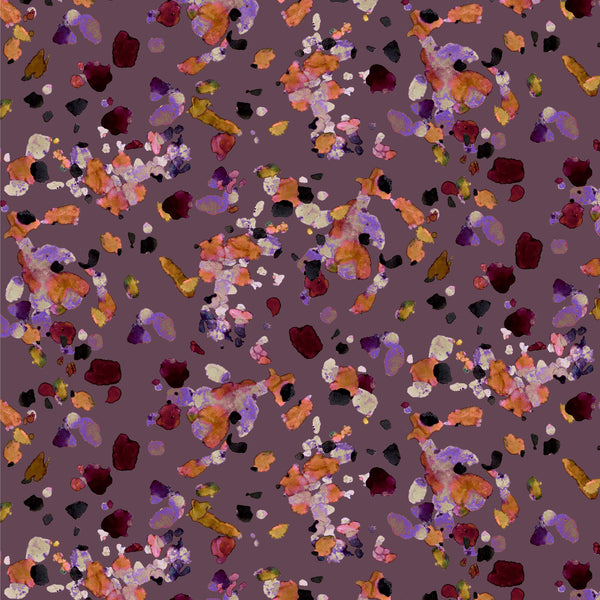 French terry brossé/ sweat - "spots"  sur fond aubergine - certifié oeko-tex (prix pour 10cm)