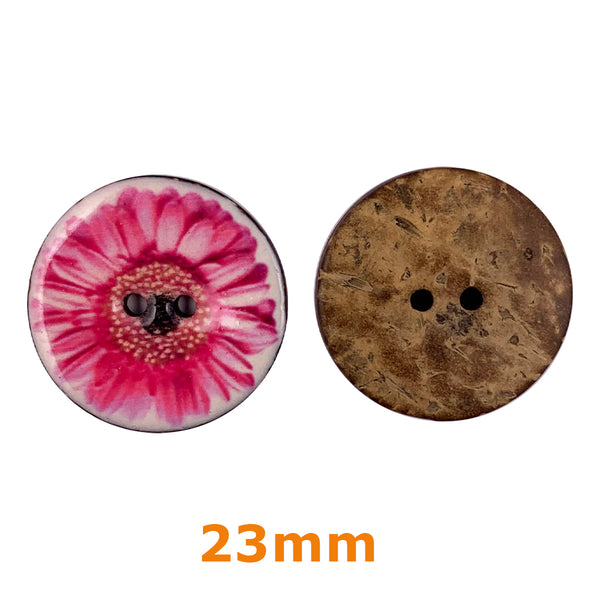 Boutons 2 trous coco laqués - zinnia -  23mm (prix à la pièce)