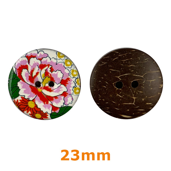 Boutons 2 trous coco laqués - pivoine -  23mm (prix à la pièce)