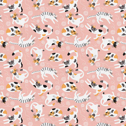 Popeline de coton "Tails and whiskers - chats joueurs sur fond rose" oeko-tex(prix pour 10cm)
