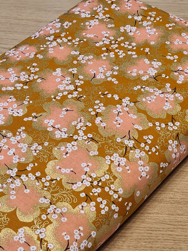 Umebana roses et dorées sur fond orangé cuivré (prix pour 10cm)