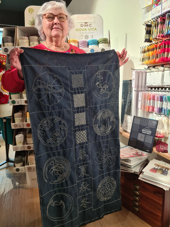 Panneau De Tissu Sashiko Japonais - Motif Poisson Chanceux Et Vagues - Idéal Pour Les Débutants