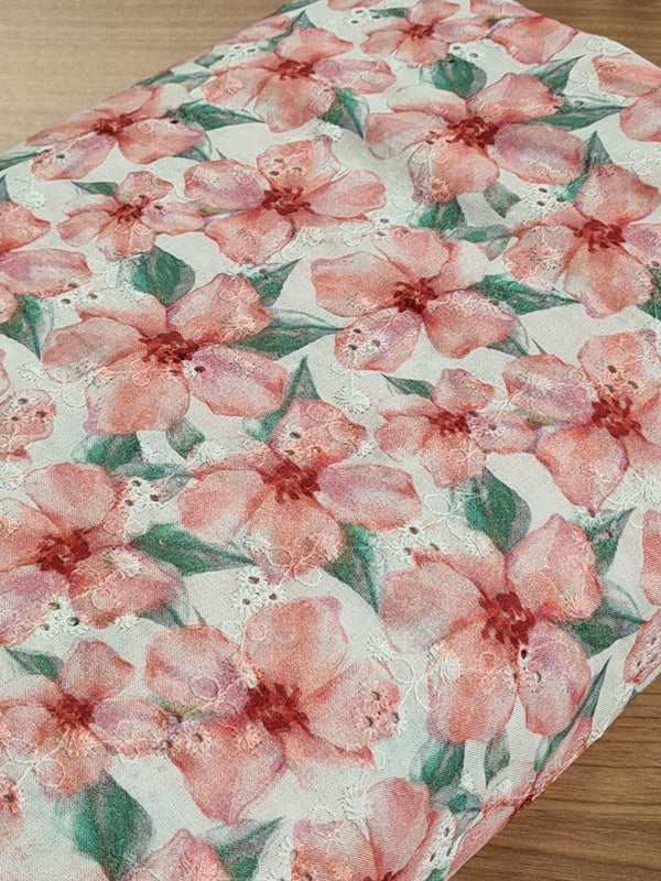 Coton brodé de fleurs de frangipaniers sur fond blanc - 100% coton (prix pour 10cm)