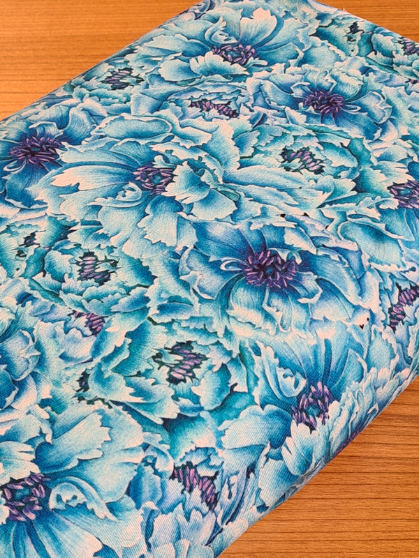 Coupon de 66cm de Jersey "Pivoines bleu azur" - certifié Oeko-tex (prix pour le coupon)