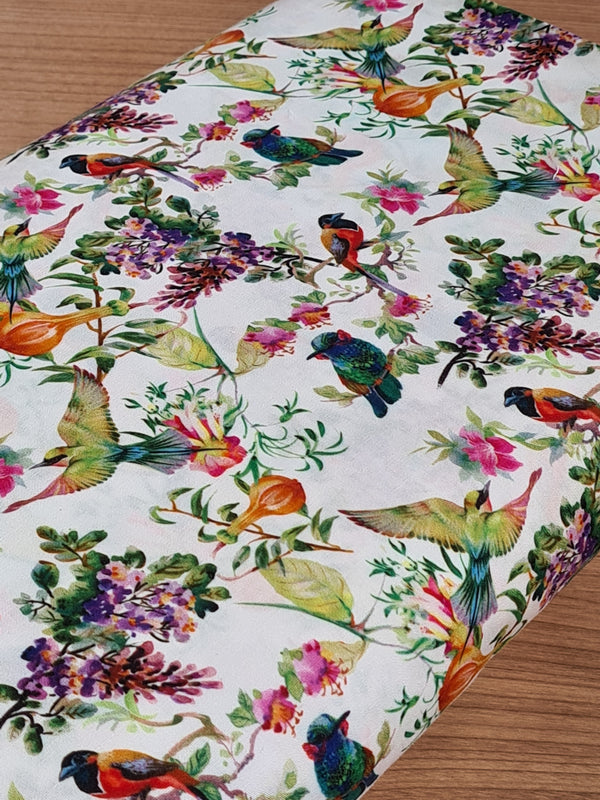 Popeline 100% coton "Oiseaux de paradis" certifiée Oeko-Tex (prix pour 10cm)