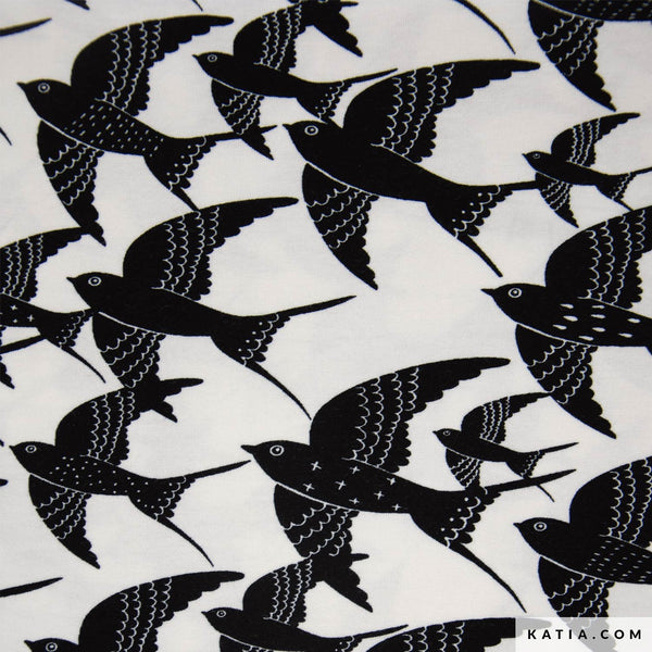 Jersey de viscose - Les hirondelles sur fond blanc  certifié Oeko-tex (prix pour 10cm)