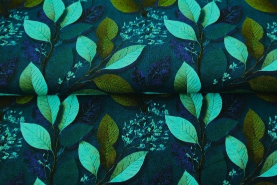 Jersey "Feuillages tons bleus " - certifié Oeko-tex