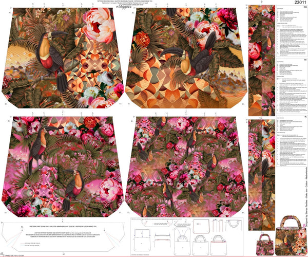 Panneau de sac en canvas prêt à coudre - Toucans fleuris  (prix pour le panneau)