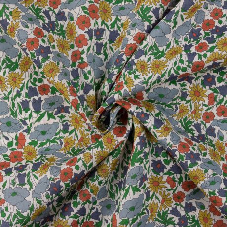 Liberty Fabrics - Tana Lawn - motif : Poppy daisy tons jaune, orange et bleu (prix pour 10cm)