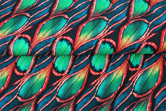 Popeline de viscose - Plumes de paon vert et rouge (Prix pour 10cm)