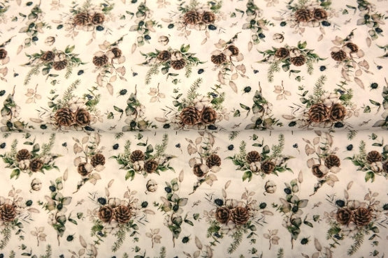 Popeline "Bouquet de pommes de pin" certifié oeko-tex - 100% coton (prix pour 10cm)