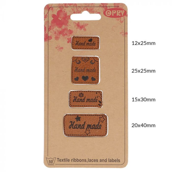 Etiquette à coudre imitation cuir brun - "Hand made" (prix pour le set de 4 étiquettes)