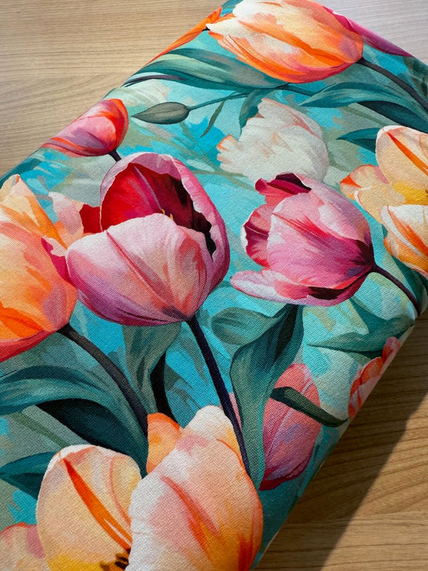 French terry tulipes oranges et pourpres certifié oeko-tex  (prix pour 10cm)