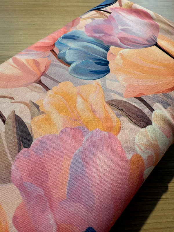 French terry tulipes mauve et bleu certifié oeko-tex  (prix pour 10cm)