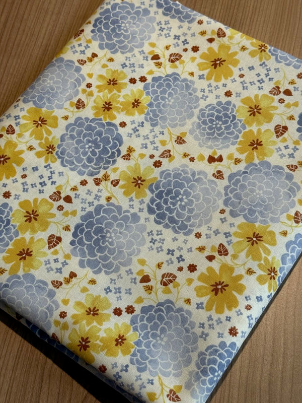 Superbe coupon 3m de popeline japonaise - Pivoines ocre et bleu" - 110cm de large