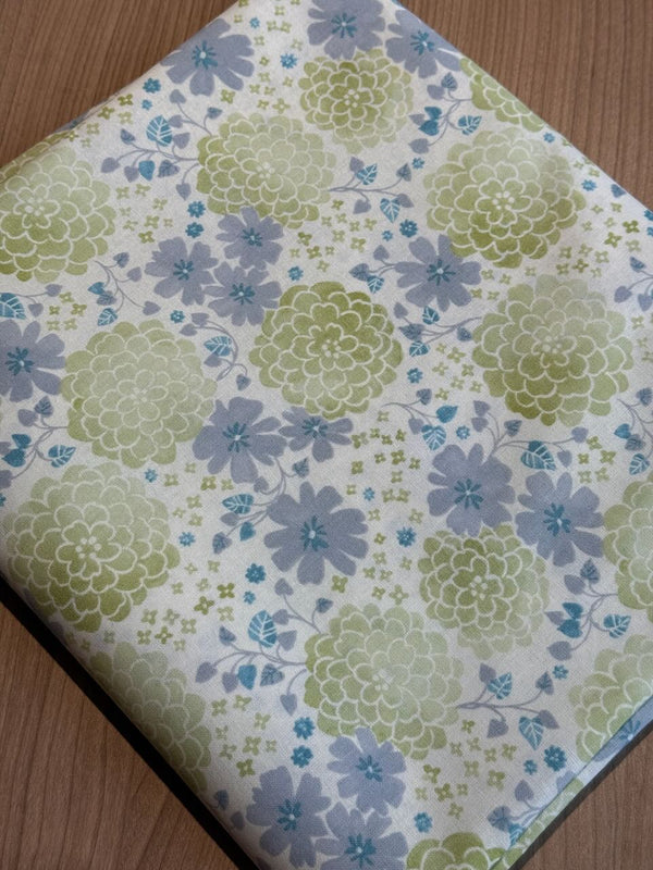 Superbe coupon 3m de popeline japonaise - Pivoines vert et gris" - 110cm de large