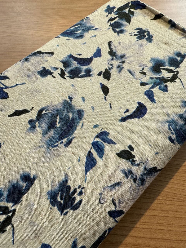 Lin - viscose "Roses bleues" certifié oeko-tex (prix pour 10cm)