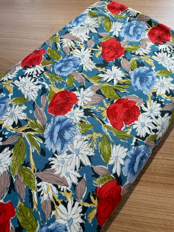 Popeline 100% coton japonaise - "Fleurs des champs fond bleu" (prix pour 10cm)