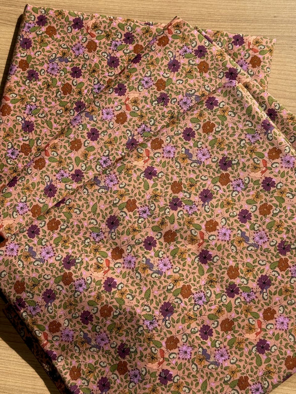 Superbe coupon 3m de popeline japonaise "fleurs et oiseaux roses" - 110cm de large
