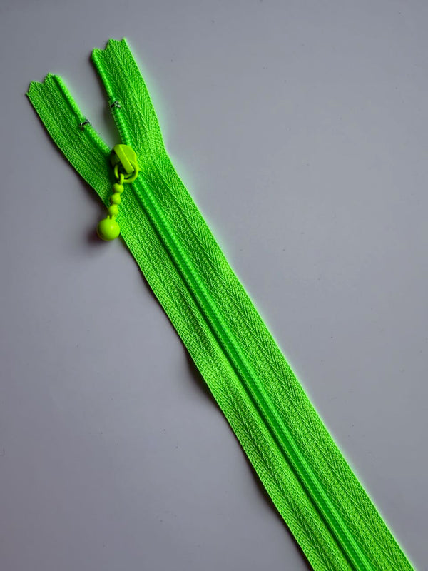 YKK - zip non séparable 20cm avec curseur décoration boule - couleur vert fluo (prix à la pièce)