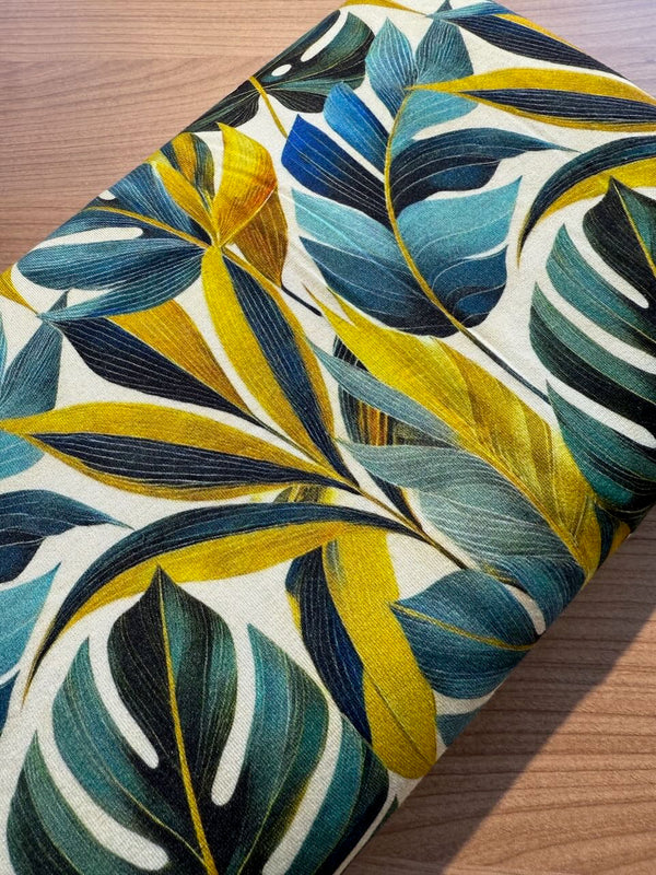 Jersey de viscose - jungle tropicale bleu/ocre  certifié Oeko-tex (prix pour 10cm)