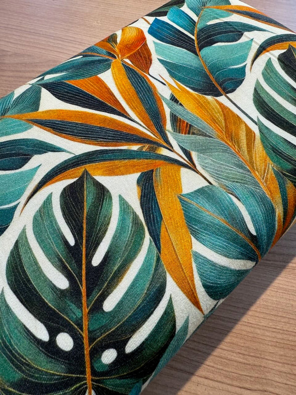 Jersey de viscose - jungle tropicale vert/orangé  certifié Oeko-tex (prix pour 10cm)
