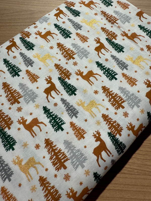 Popeline "Cerfs dans la forêt - fond blanc" certifié oeko-tex - 100% coton (prix pour 10cm)
