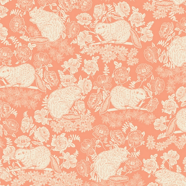 Jersey "castors et fleurs sur fond pêche" - certifié Oeko-tex de marque Art Gallery Fabrics (prix pour 10cm)