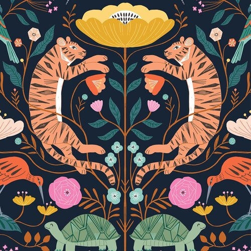100% coton "tiger flower fond foncé" de la collection Our planet par B. Janine chez Dashwood Studio (prix pour 10cm)