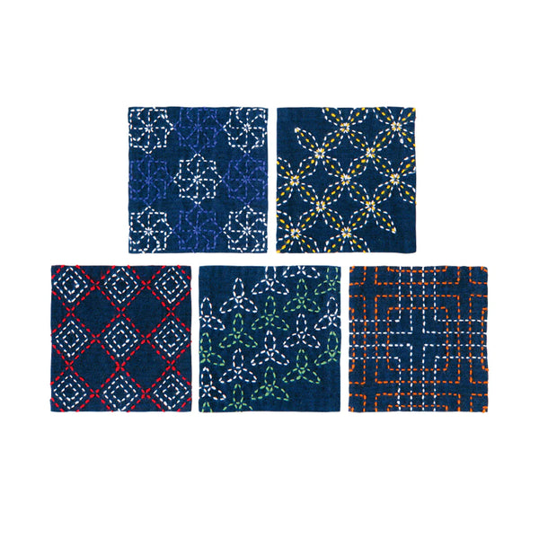 Kit set de sous verres à broder en sashiko fond bleu  (prix pour le kit complet)