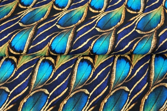 Popeline de viscose - Plumes de paon bleues (Prix pour 10cm)