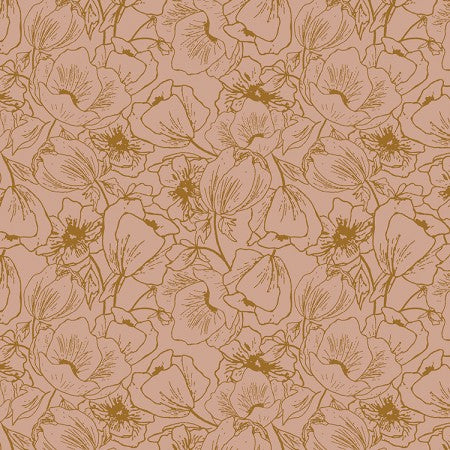 Superbe coupon 3m de popeline Cotton Steel - "anémones moutardes sur fond cacao" - 110cm de large