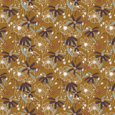 Superbe coupon 3m de popeline Cotton Steel - "wallflower sur fond moutarde" - 110cm de large