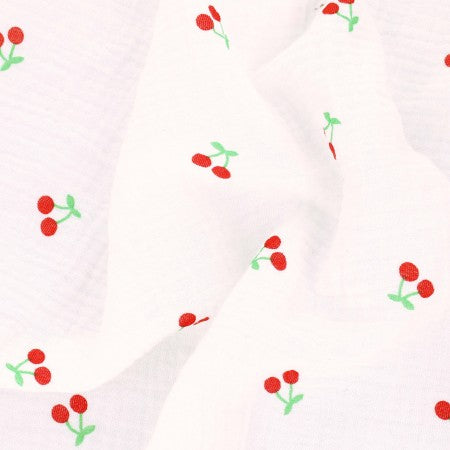 Double gaze - Cerises sur fond blanc (prix pour 10cm)