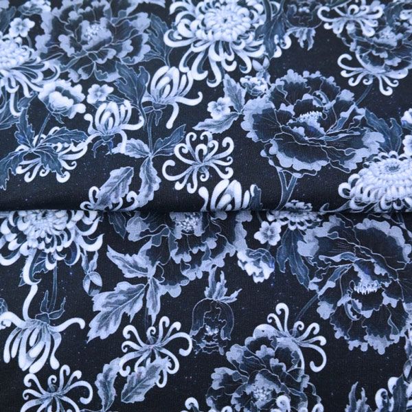 French terry chrysanthèmes bleus certifié oeko-tex  (prix pour 10cm)